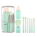 Portable Retractable Makeup Brushes Set 8 in 1 Travel Beauty Sponge All in One Make Up Brushes Set Angled Brush, Lip Brush, Eyeshadow Brush, Foundation Blending Powder Brush (Green)