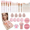 Pink Makeup Brush Set for Girls, Include 18 Pcs Makeup Brush & 12 Pcs Blending Sponge & Mirror Case, Nice for Learning Makeup